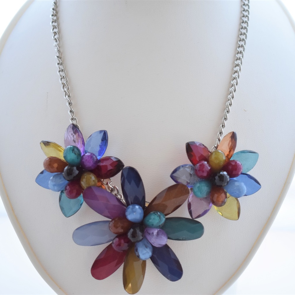 Blue Green Flowers Large Statement Bib Necklace
